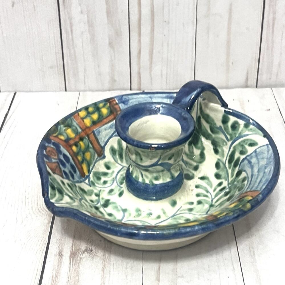Antique Talavera Ceramic 18th Century Chamber Candlestick Holder Handpainted...